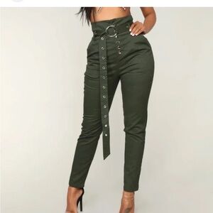 NWT- Fashion Nova- Olive Snap-Trim Pants- Size S